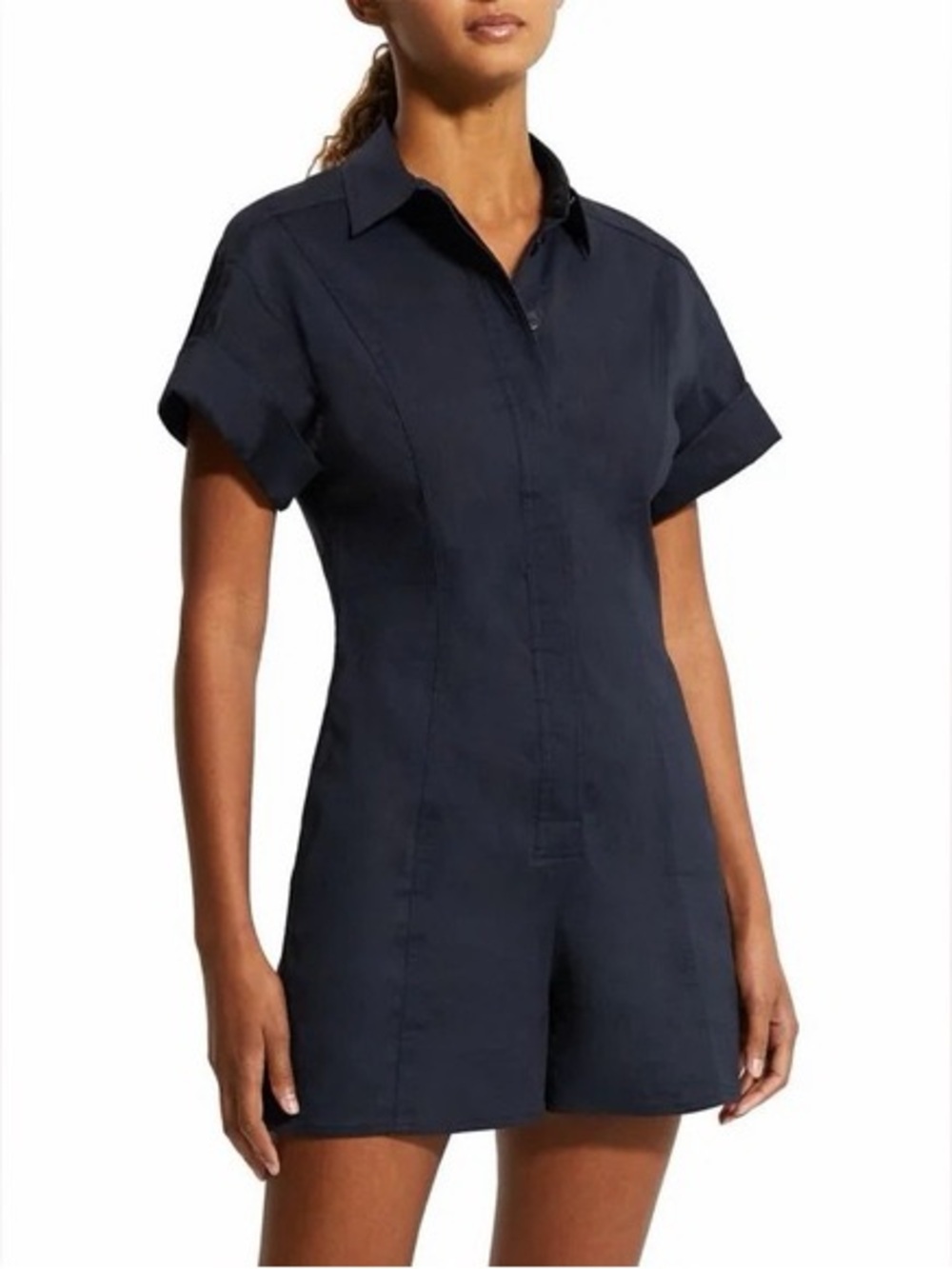 Theory Linen Shirt Romper Concord Navy Short Sleeve Size 00 Button Up NWT - Picture 3 of 13